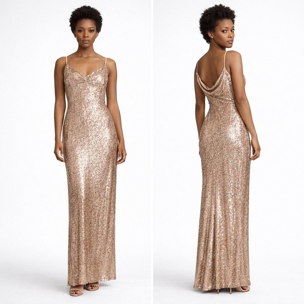 NEW Azazie Dayana Maxi Dress Sz A10 Rose Gold Sequin Cowl Back Gown Prom Wedding